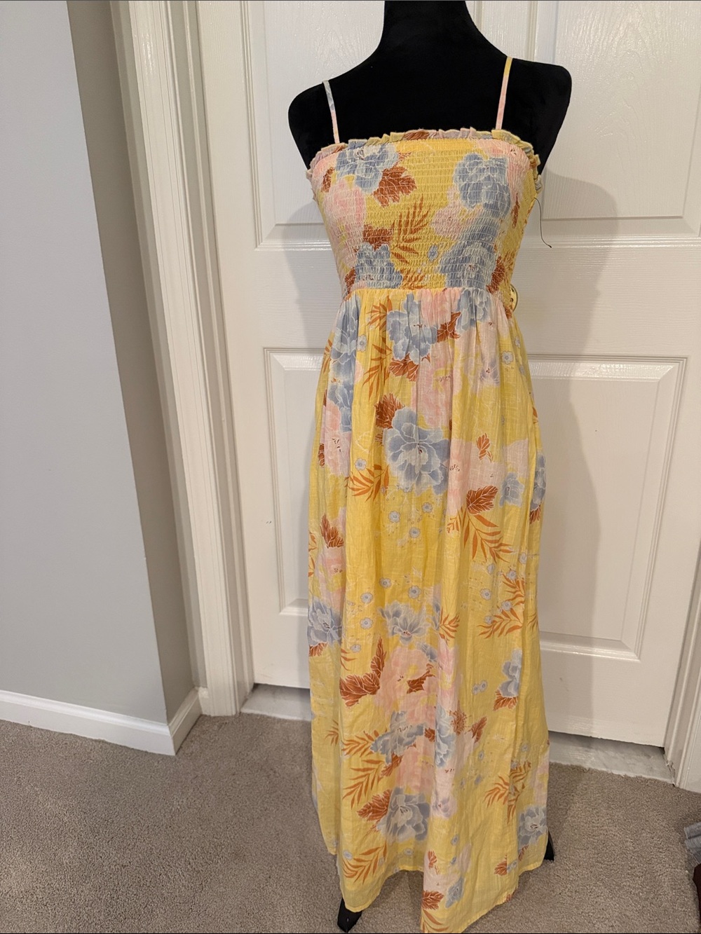 Billabong Lined Yellow Floral Maxi Dress with Smocked Bodice
